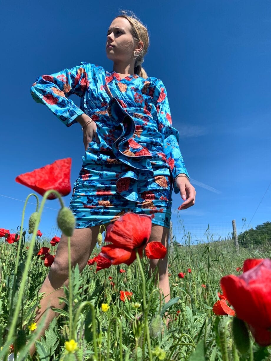 Shop Online Vestito "Blanca" blu in raso stampa fiori Odì Odì