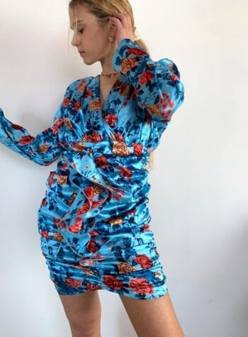 Shop Online Vestito "Blanca" blu in raso stampa fiori Odì Odì