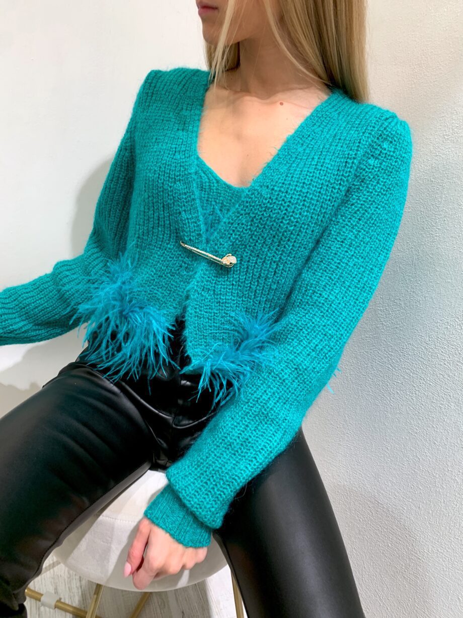 Shop Online Cardigan crop verde smeraldo con piume Vicolo