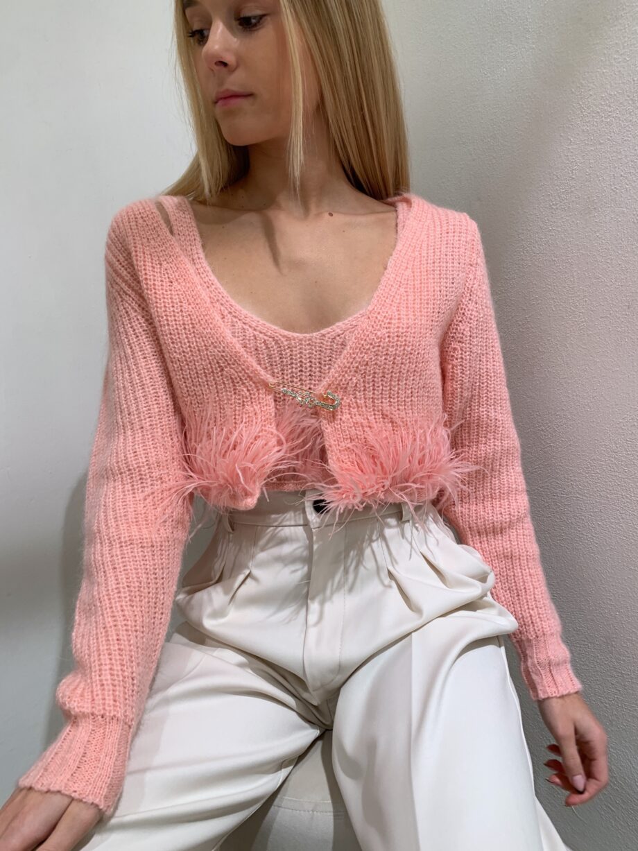 Shop Online Cardigan crop rosa con piume Vicolo