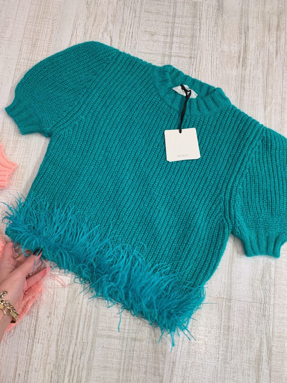 Shop Online Pull verde smeraldo manica corta con piume Vicolo