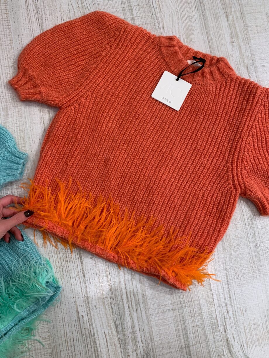 Shop Online Pull arancio manica corta con Piume Vicolo