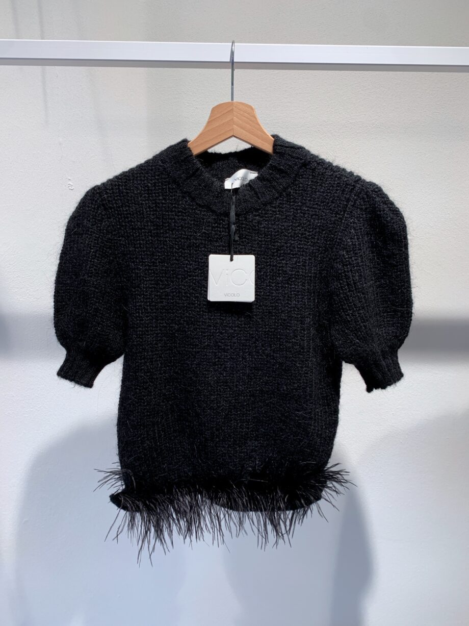 Shop Online Pull nero manica corta con piume Vicolo