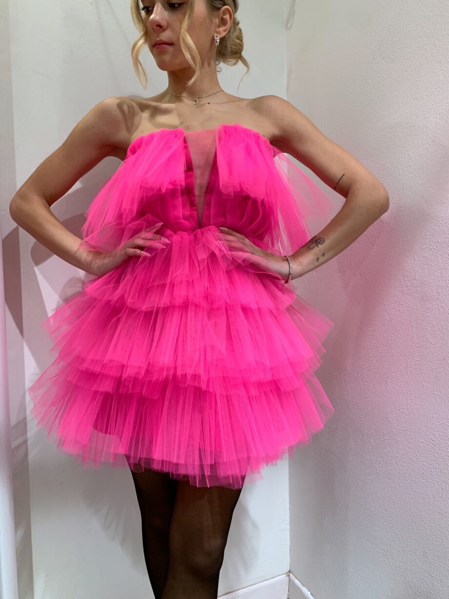 Shop Online Vestito corto in tulle a balze fucsia Kontatto