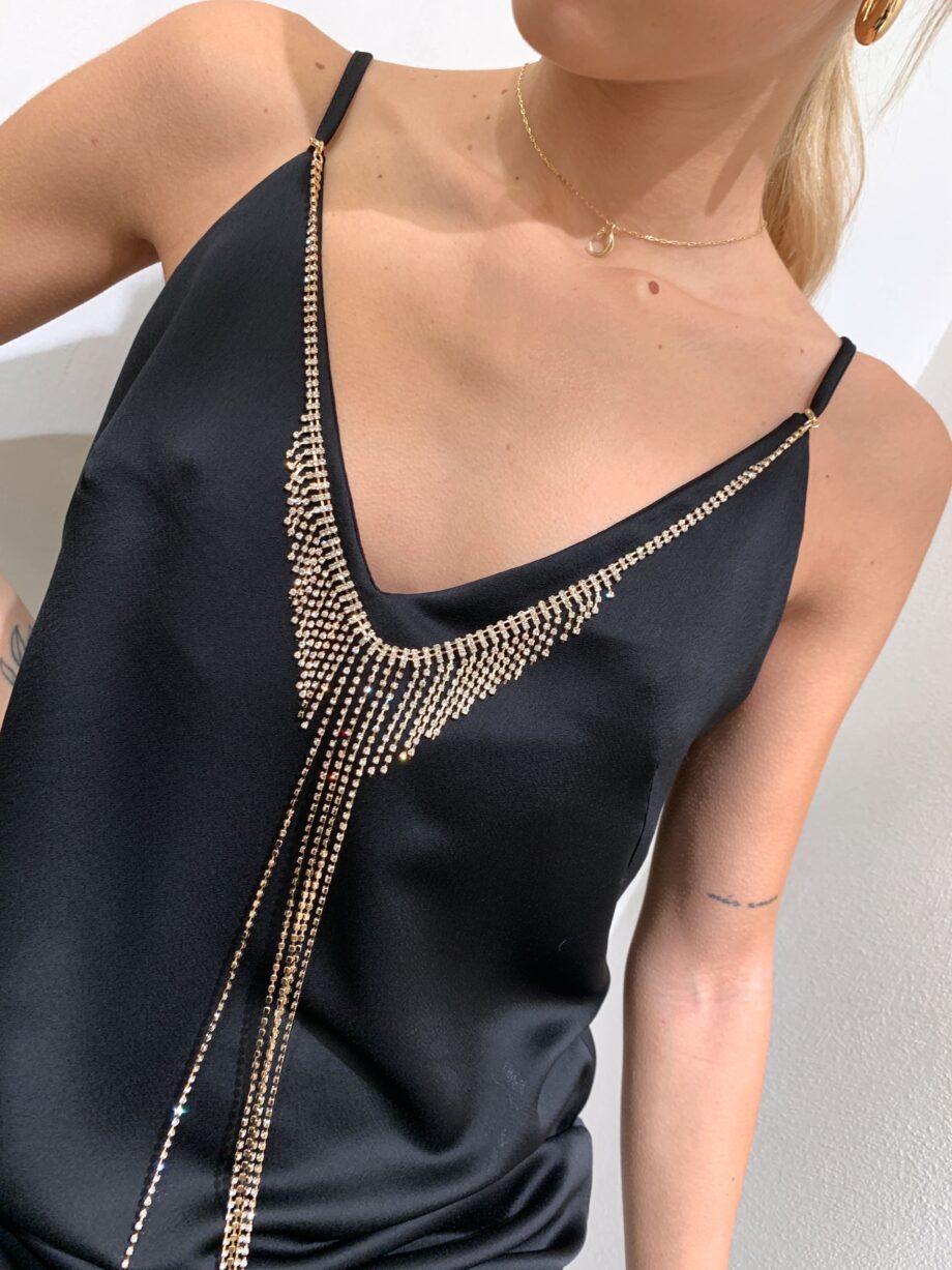 Shop Online Vestito in raso nero con strass sul collo Vicolo