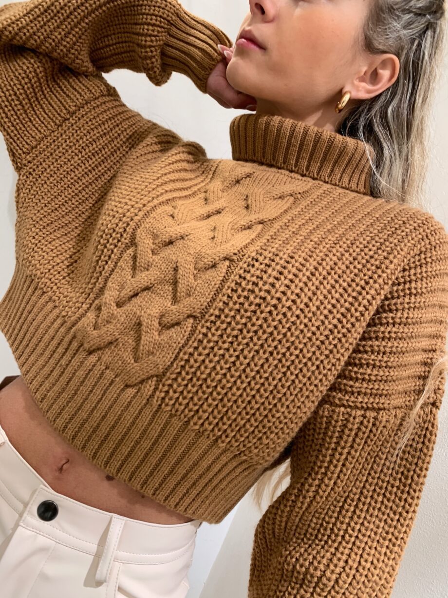 Shop Online Maglione crop con treccia e collo alto cammello Vicolo