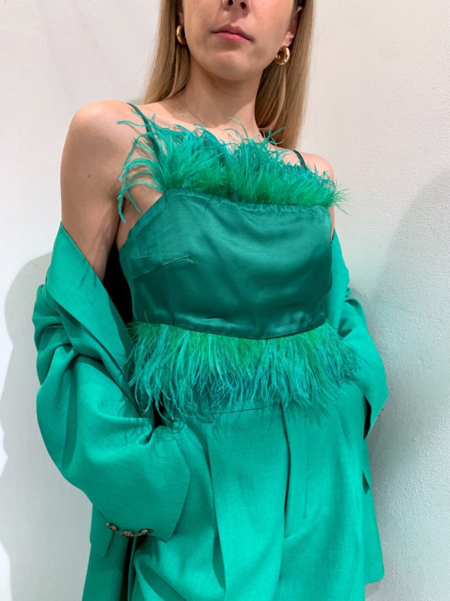 Shop Online Top satin verde con piume Vicolo