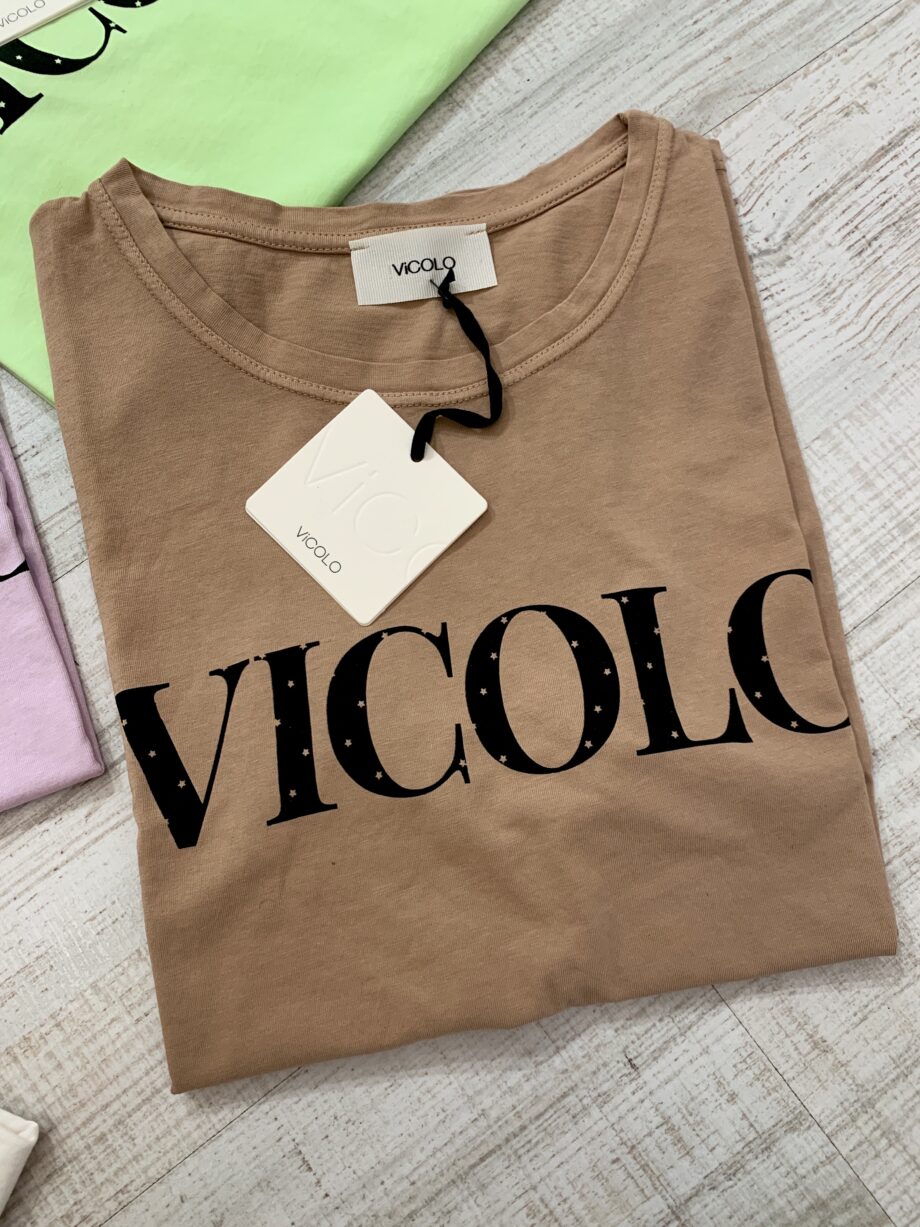 Shop Online T-shirt marrone con scritta logo e stelline Vicolo