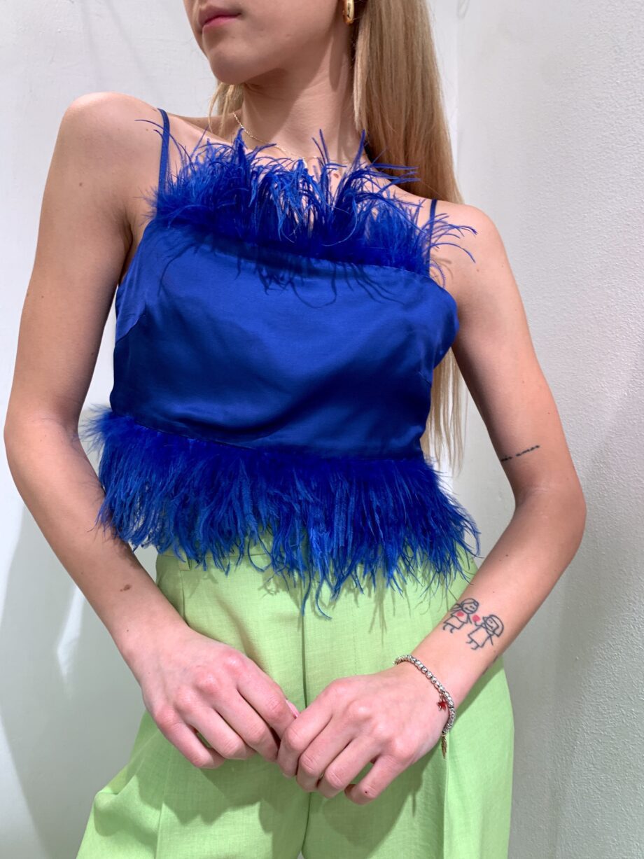 Shop Online Top satin bluette con piume Vicolo