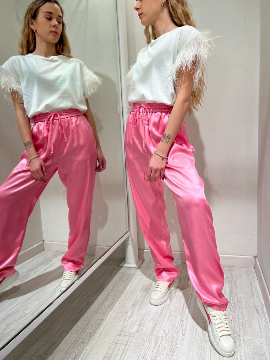 Shop Online Pantalone in satin morbido con elastico rosa Vicolo