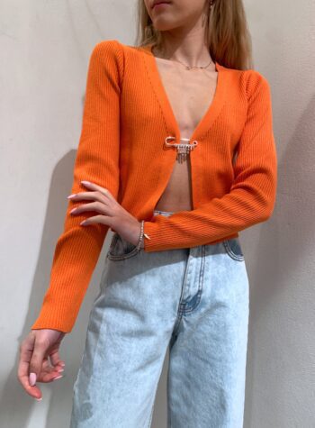 Shop Online Cardigan a coste arancio con spilla strass Kontatto