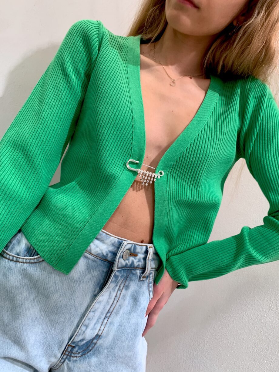 Shop Online Cardigan a coste verde con spilla strass Kontatto