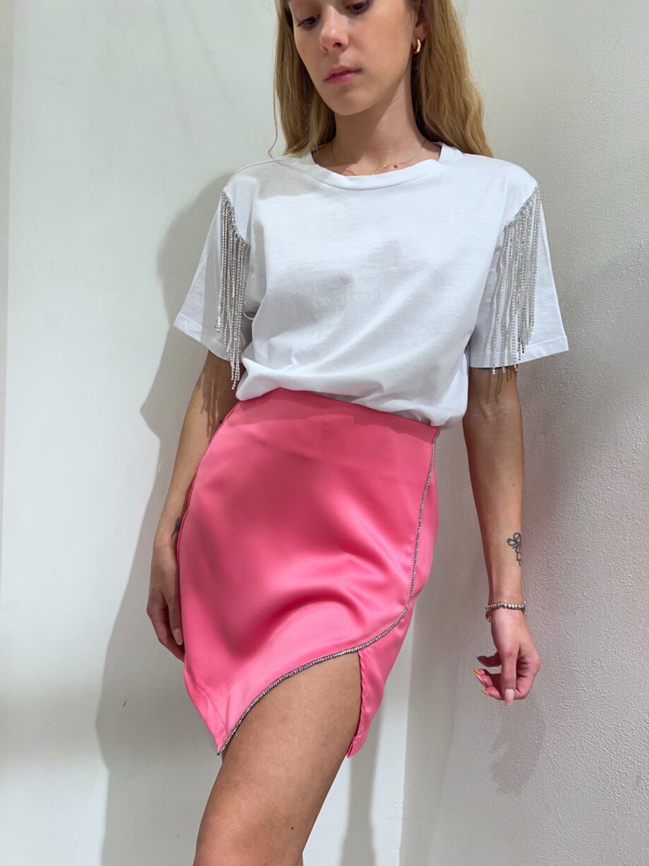 Shop Online Minigonna in raso rosa con spacco strass Have One