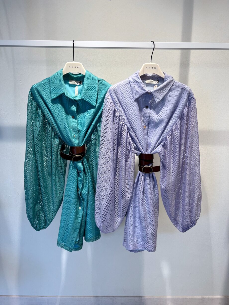 Shop Online Vestito camicia in pizzo acquamarina con cintura Have One