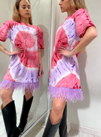 Shop Online Vestito tie dye rosa e lilla con piume Bloomday