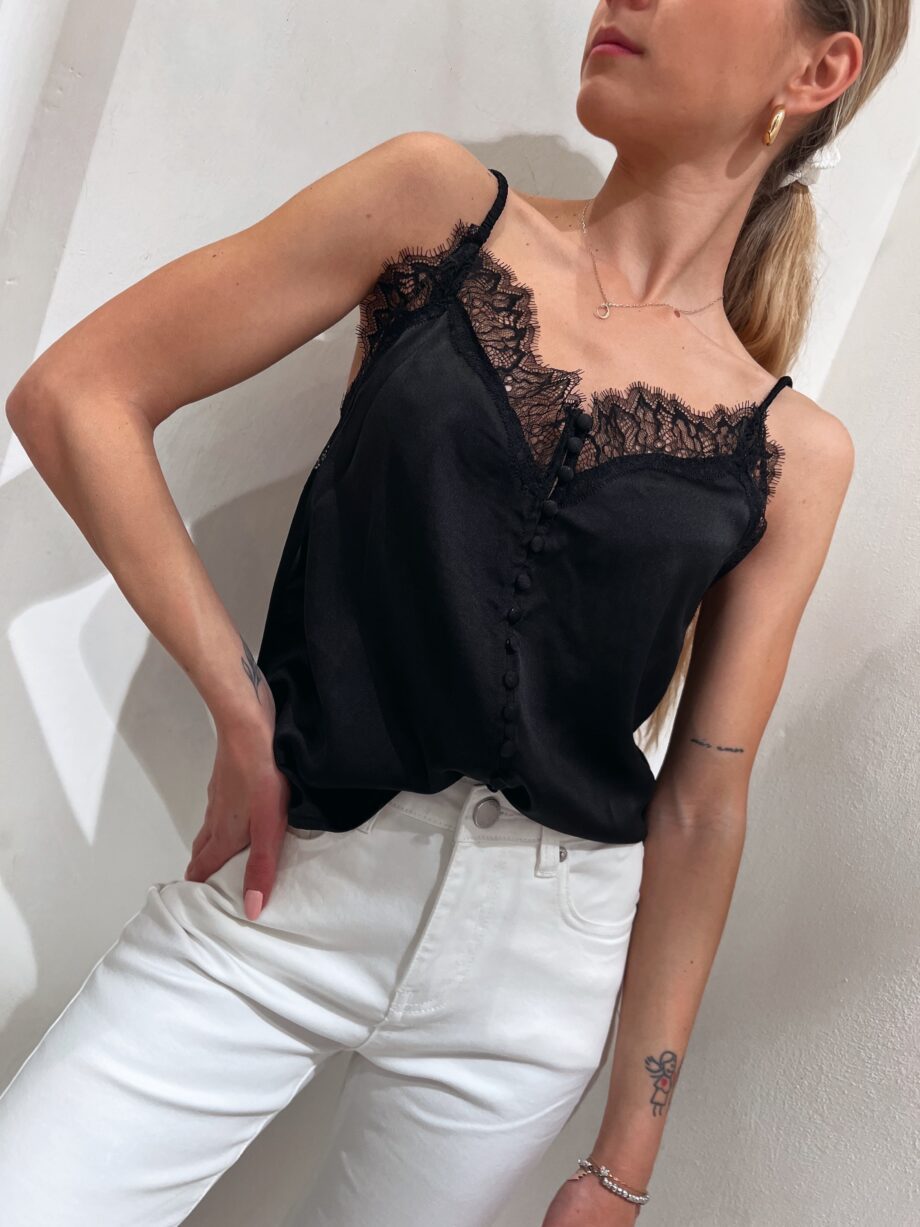 Shop Online Top in raso nero con pizzo Suncoo