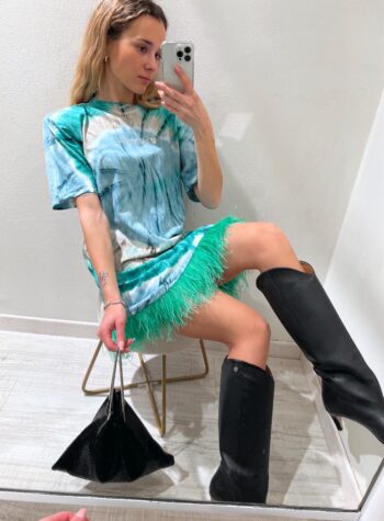 Shop Online Vestito tie dye verde e azzurro con piume Bloomday