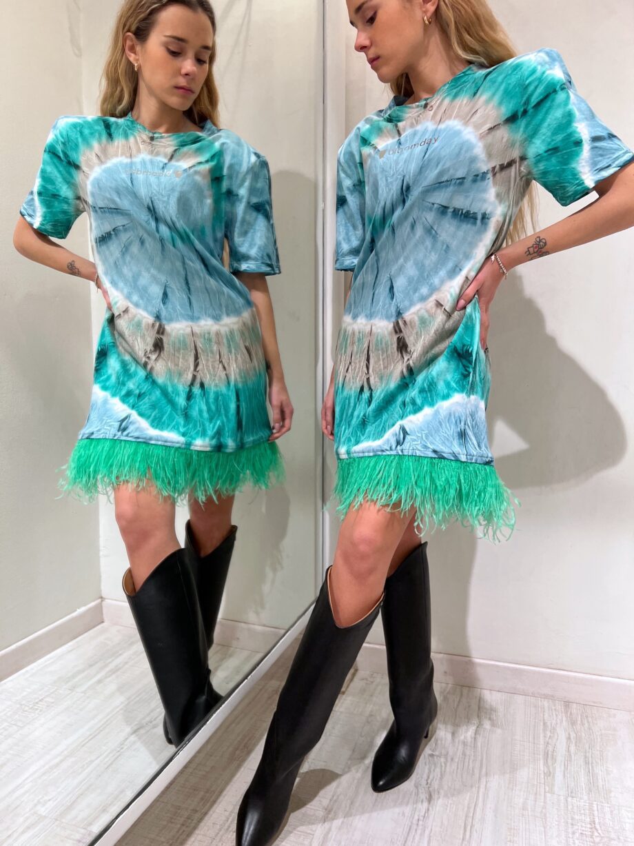 Shop Online Vestito tie dye verde e azzurro con piume Bloomday