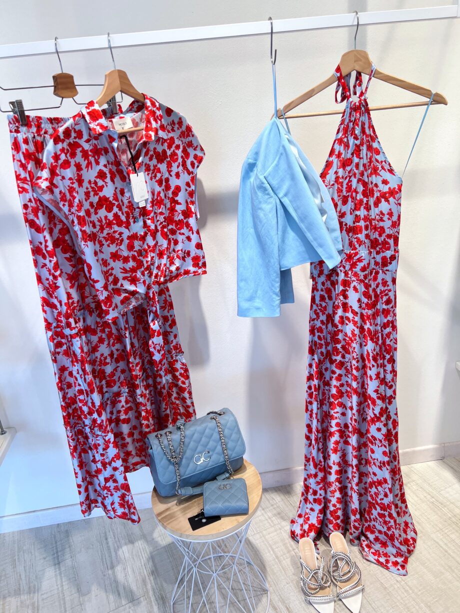 Shop Online Gonna lunga azzurra a fiori rossa Vicolo