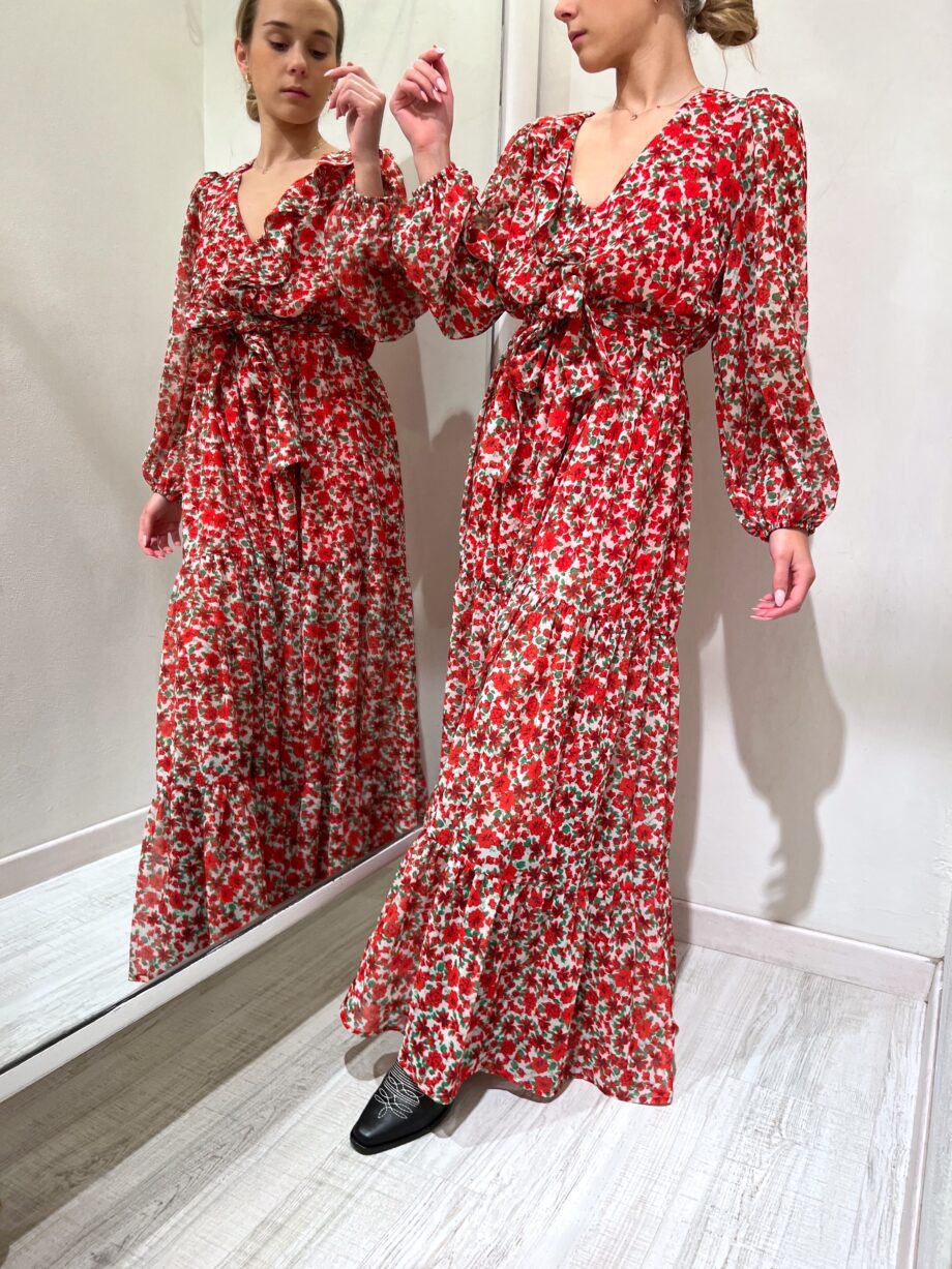 Shop Online Vestito lungo a balze floreale rosso Vicolo