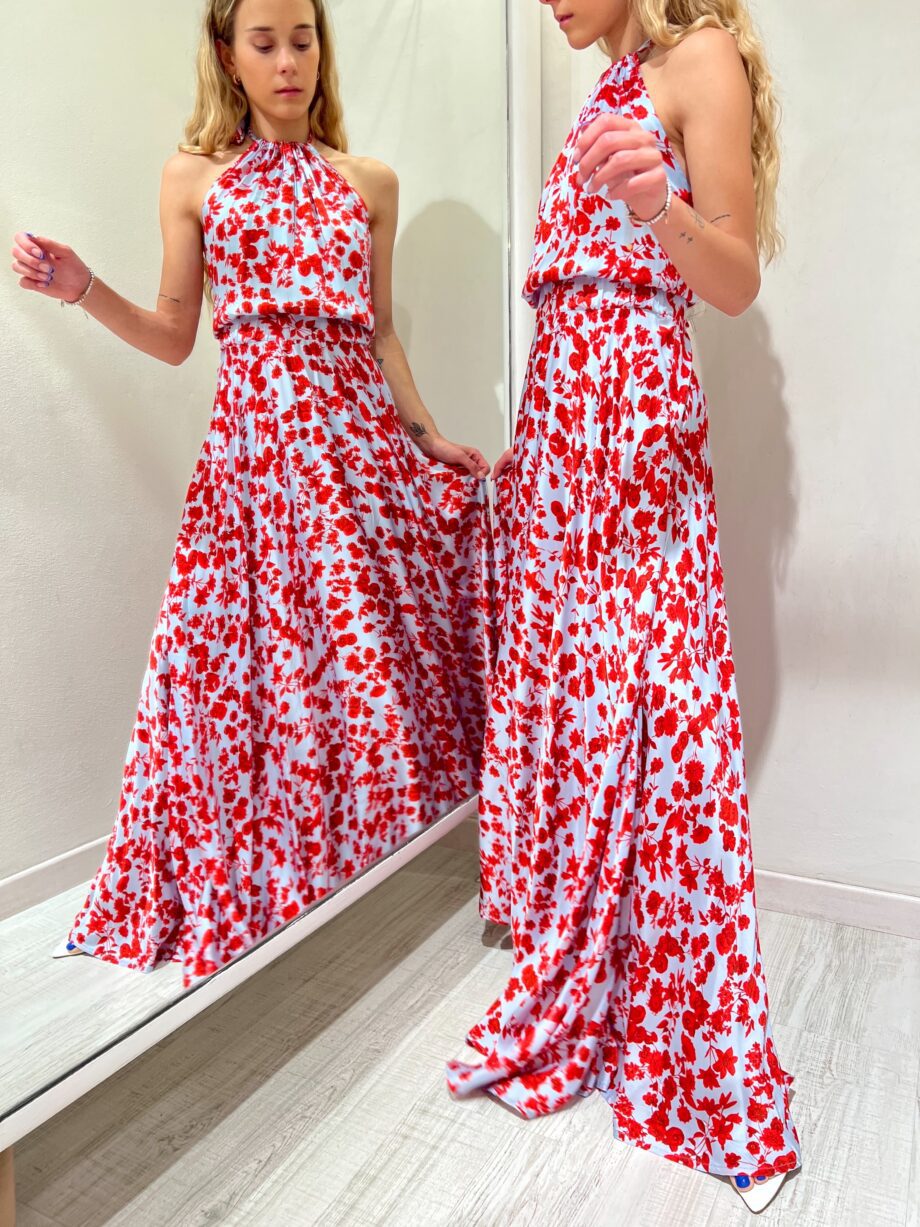 Shop Online Vestito lungo fantasia fiori rossi in raso Vicolo
