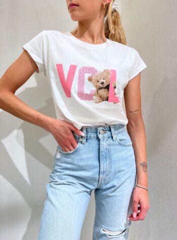 Shop Online T-shirt bianca con stampa VCL rosa e orso Vicolo