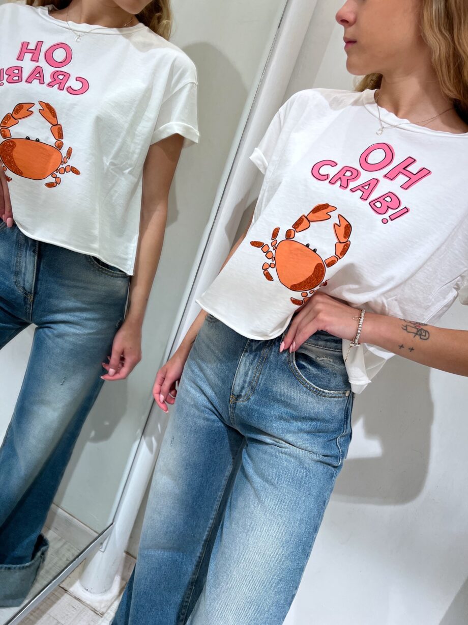 Shop Online T-shirt corta bianca con stampa granchio Vicolo