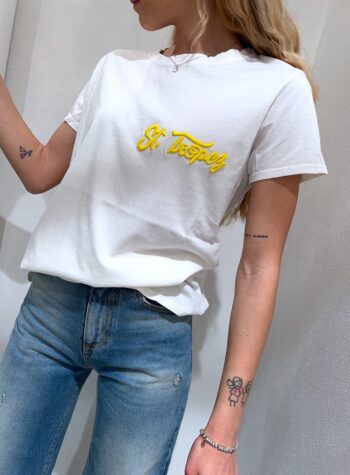 Shop Online T-shirt bianca scritta ricamo gialla Vicolo