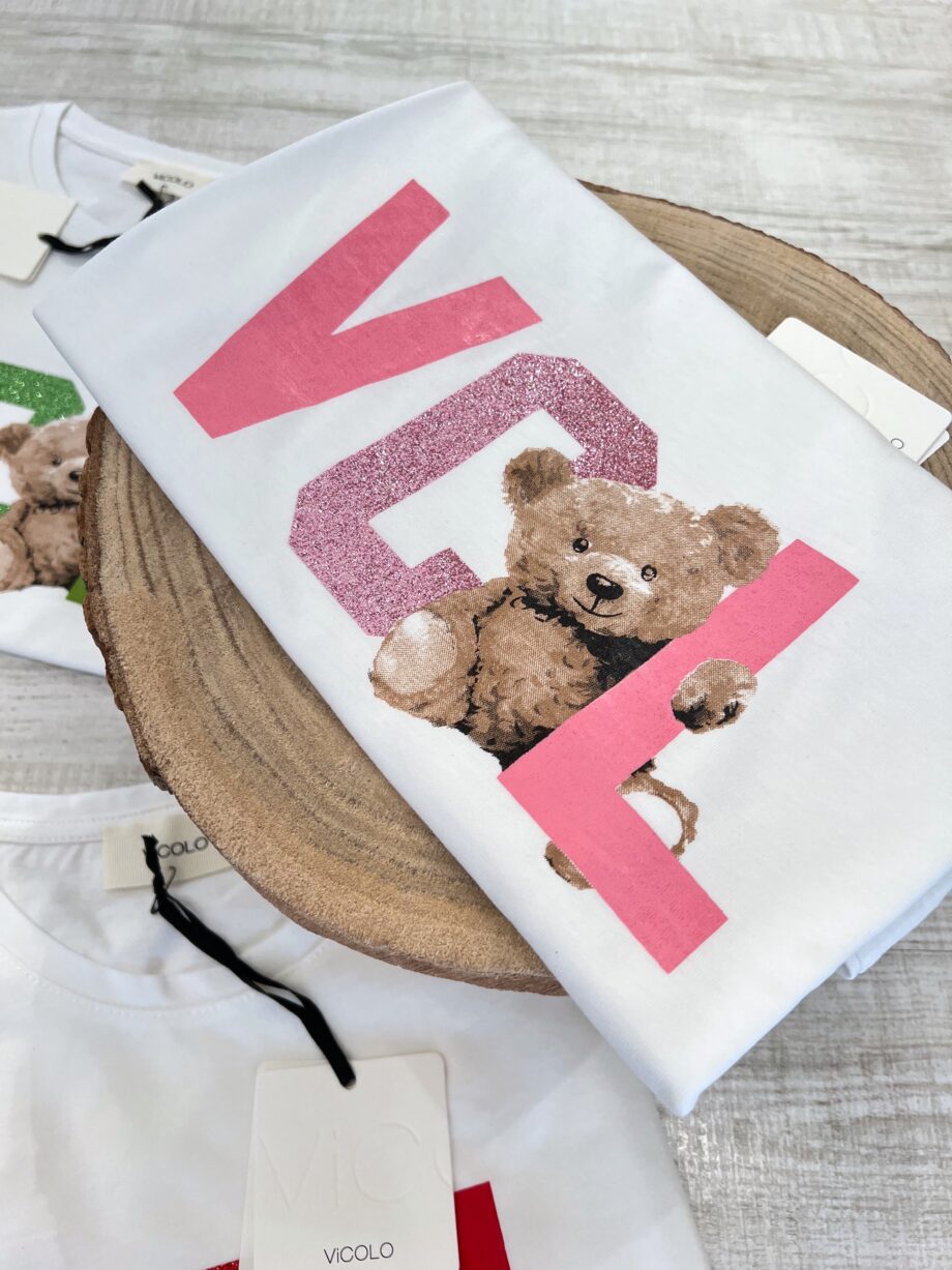 Shop Online T-shirt bianca con stampa VCL rosa e orso Vicolo