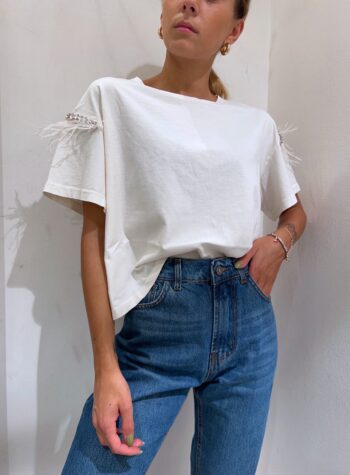 Shop Online T-shirt bianca con piume e strass Kontatto