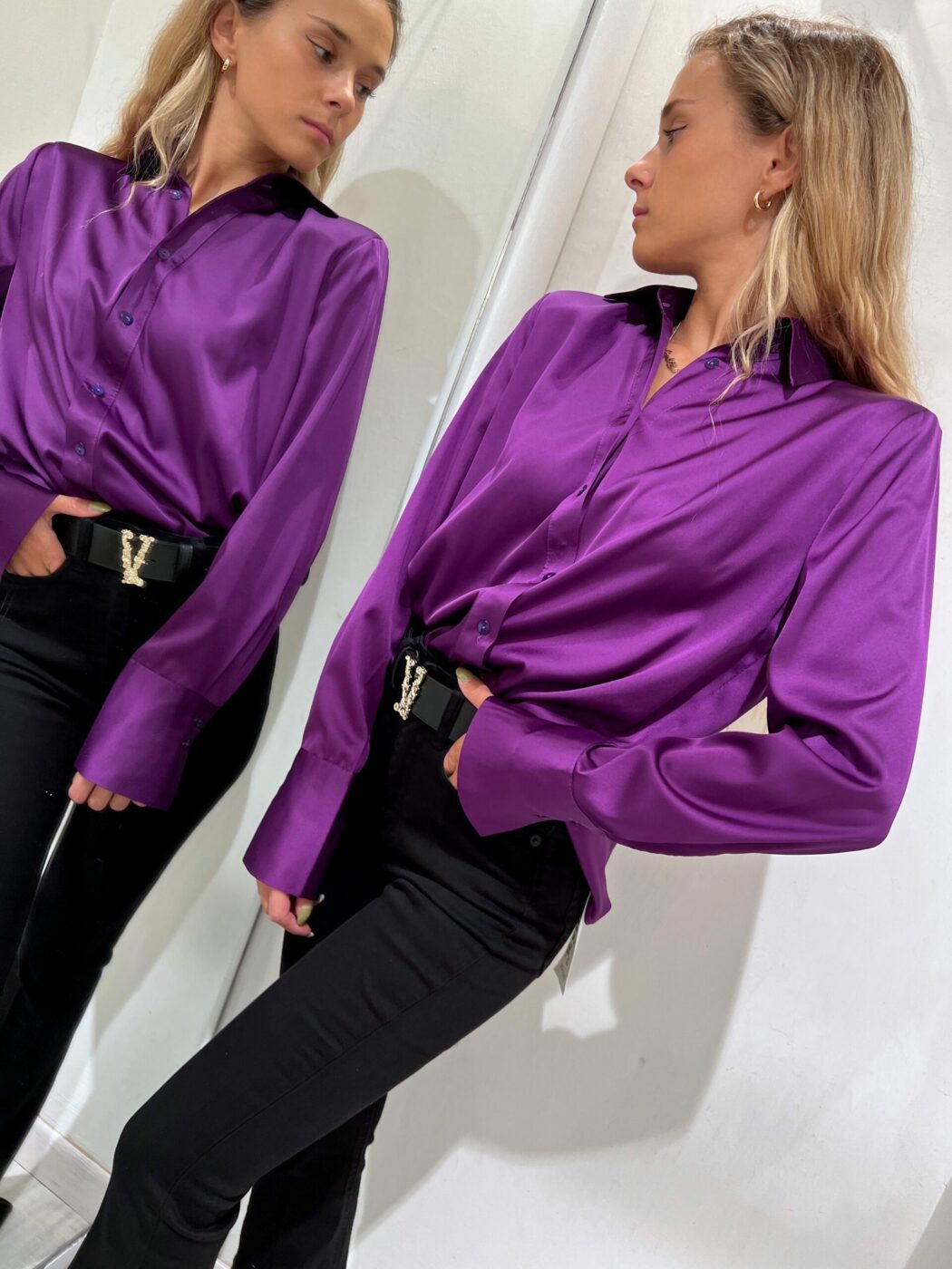 CAMICIA DA SERA TRASPARENTE DETTAGLI IN PIZZO E TESSUTO TAM VIOLA