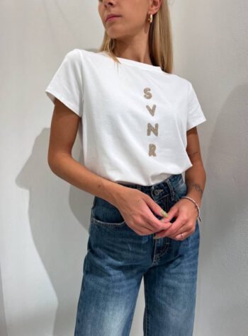 Shop Online T-shirt bianca con scritta strass oro Souvenir