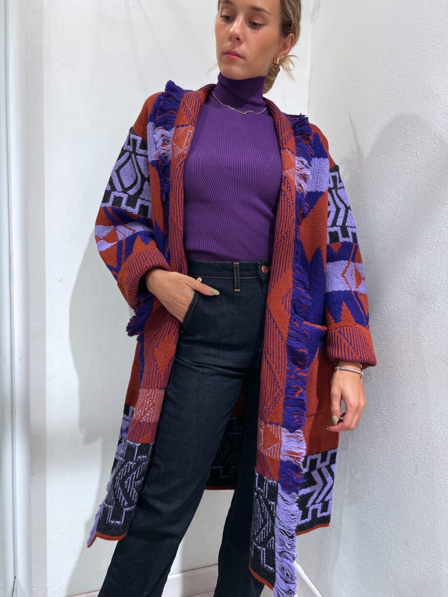 Shop Online Cardigan jacquard lungo viola e marrone Vicolo