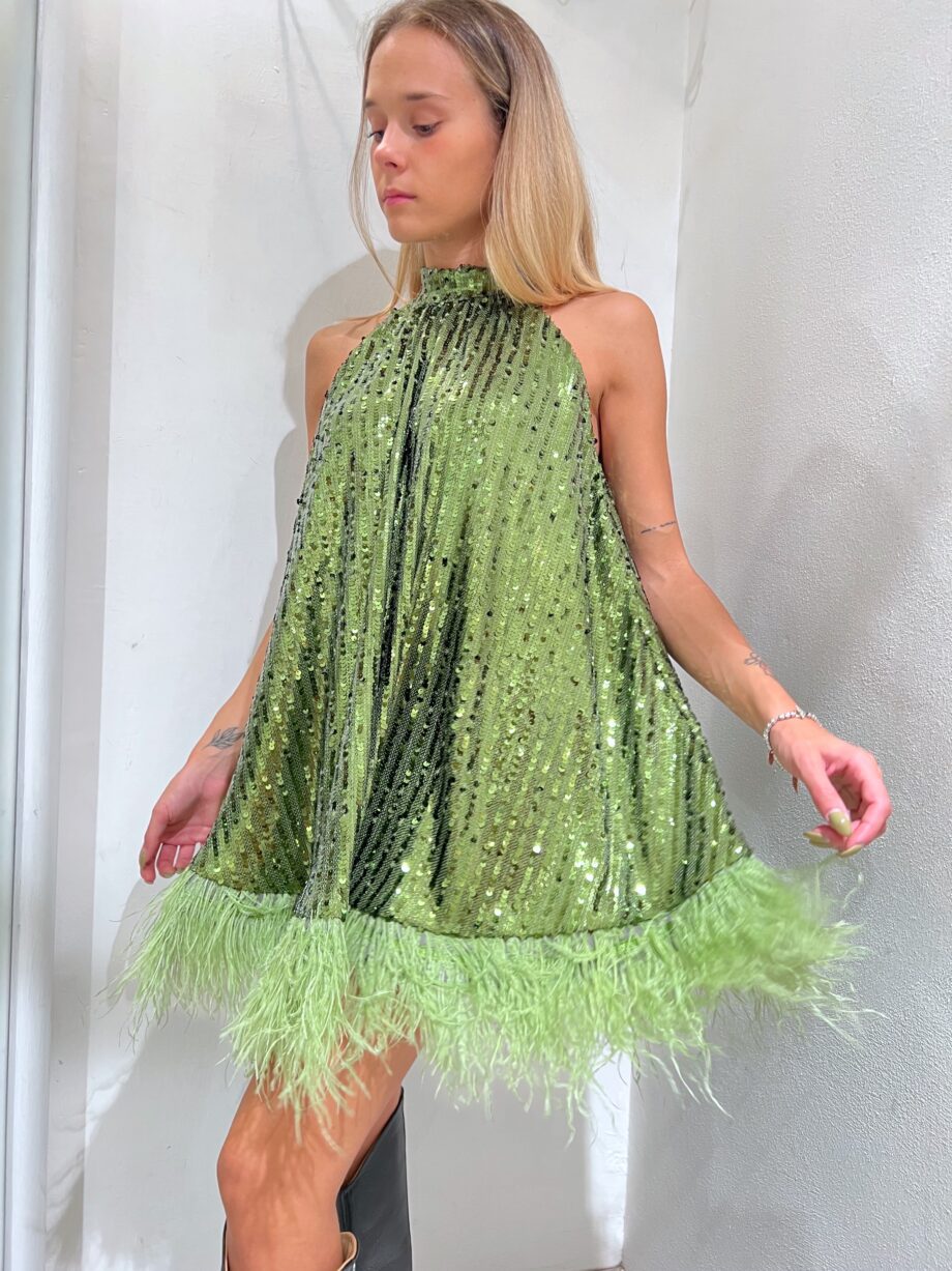 Shop Online Vestito corto verde con paillettes e piume The Lulù