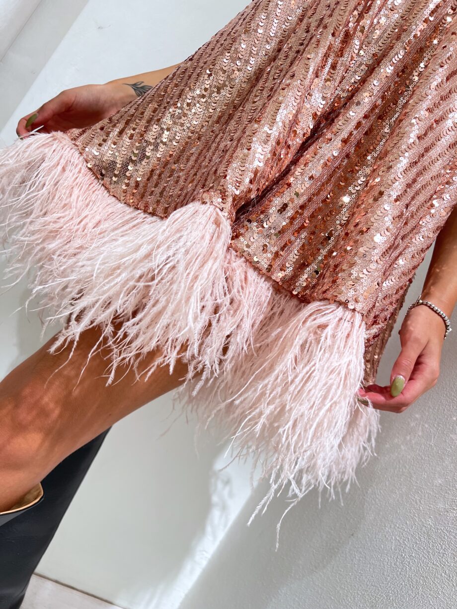 Shop Online Vestito corto rosa con paillettes e piume The Lulù