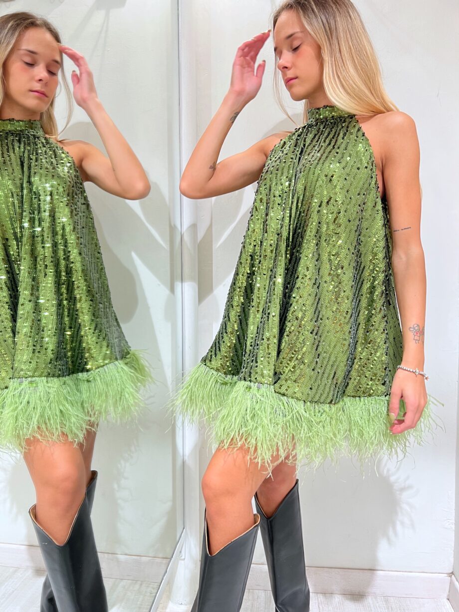 Shop Online Vestito corto verde con paillettes e piume The Lulù