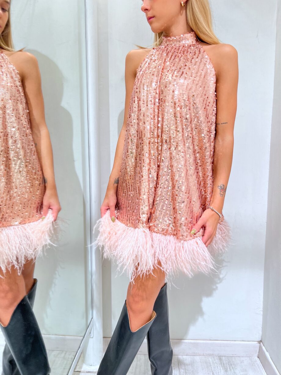 Shop Online Vestito corto rosa con paillettes e piume The Lulù