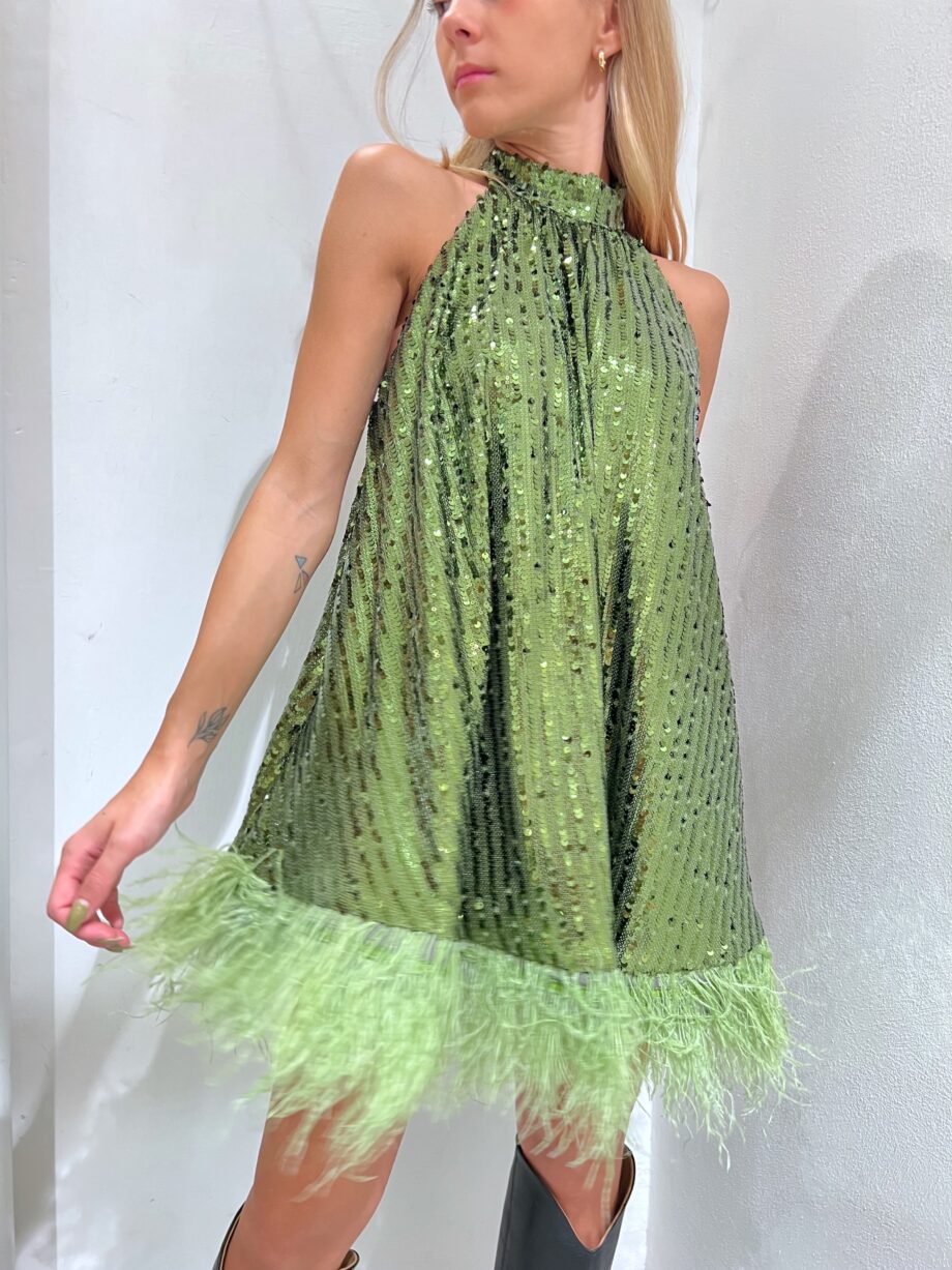 Shop Online Vestito corto verde con paillettes e piume The Lulù