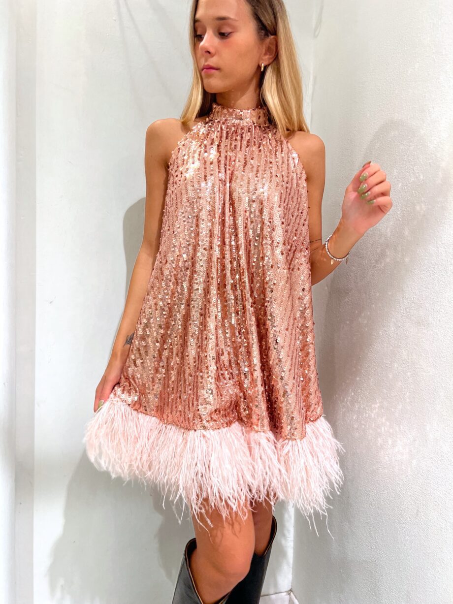 Shop Online Vestito corto rosa con paillettes e piume The Lulù