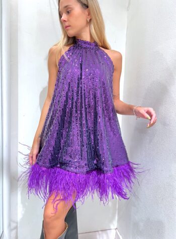 Shop Online Vestito corto viola con paillettes e piume The Lulù