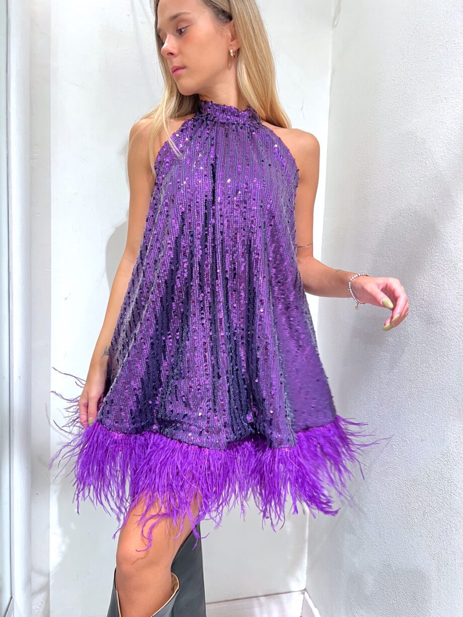 Shop Online Vestito corto viola con paillettes e piume The Lulù