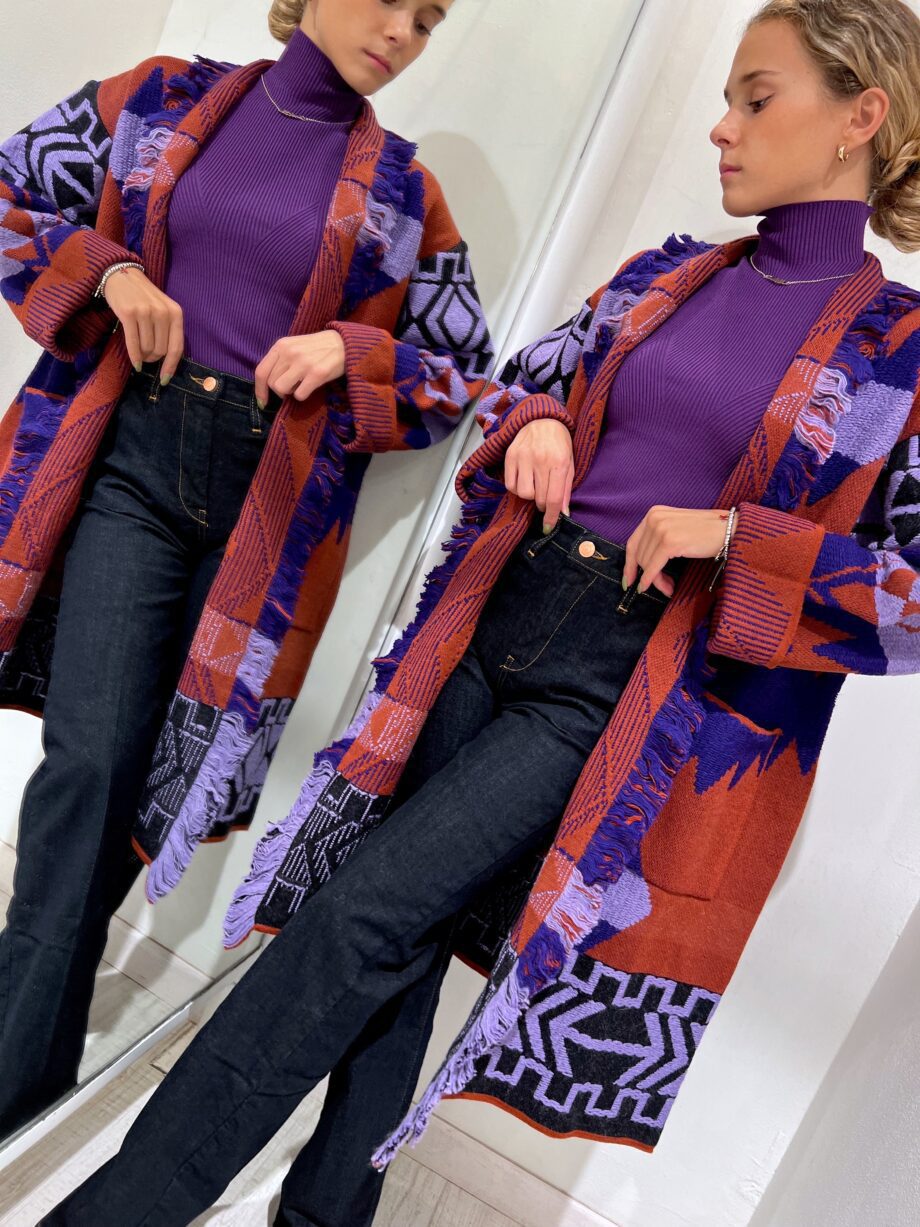 Shop Online Cardigan jacquard lungo viola e marrone Vicolo