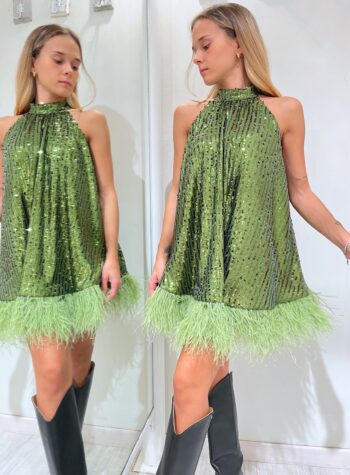 Shop Online Vestito corto verde con paillettes e piume The Lulù