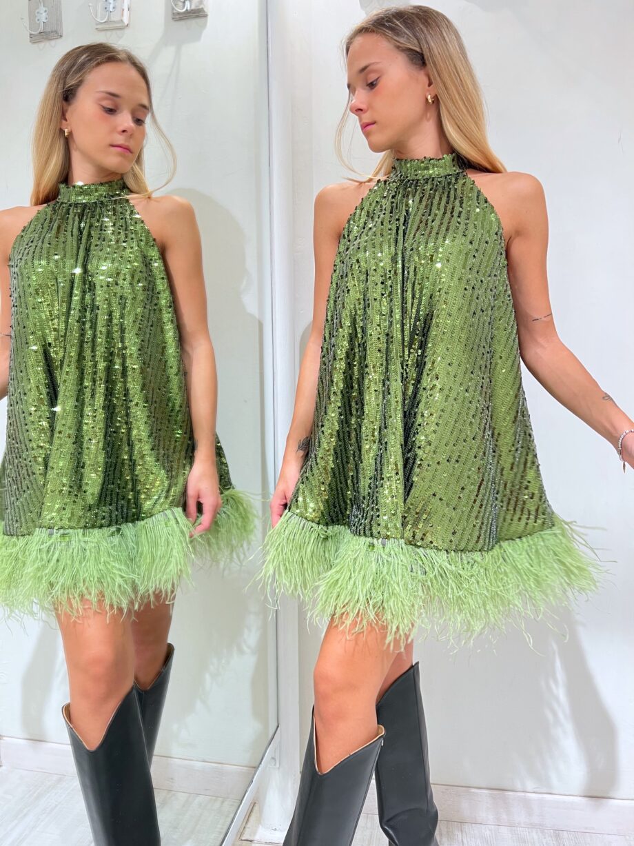 Shop Online Vestito corto verde con paillettes e piume The Lulù