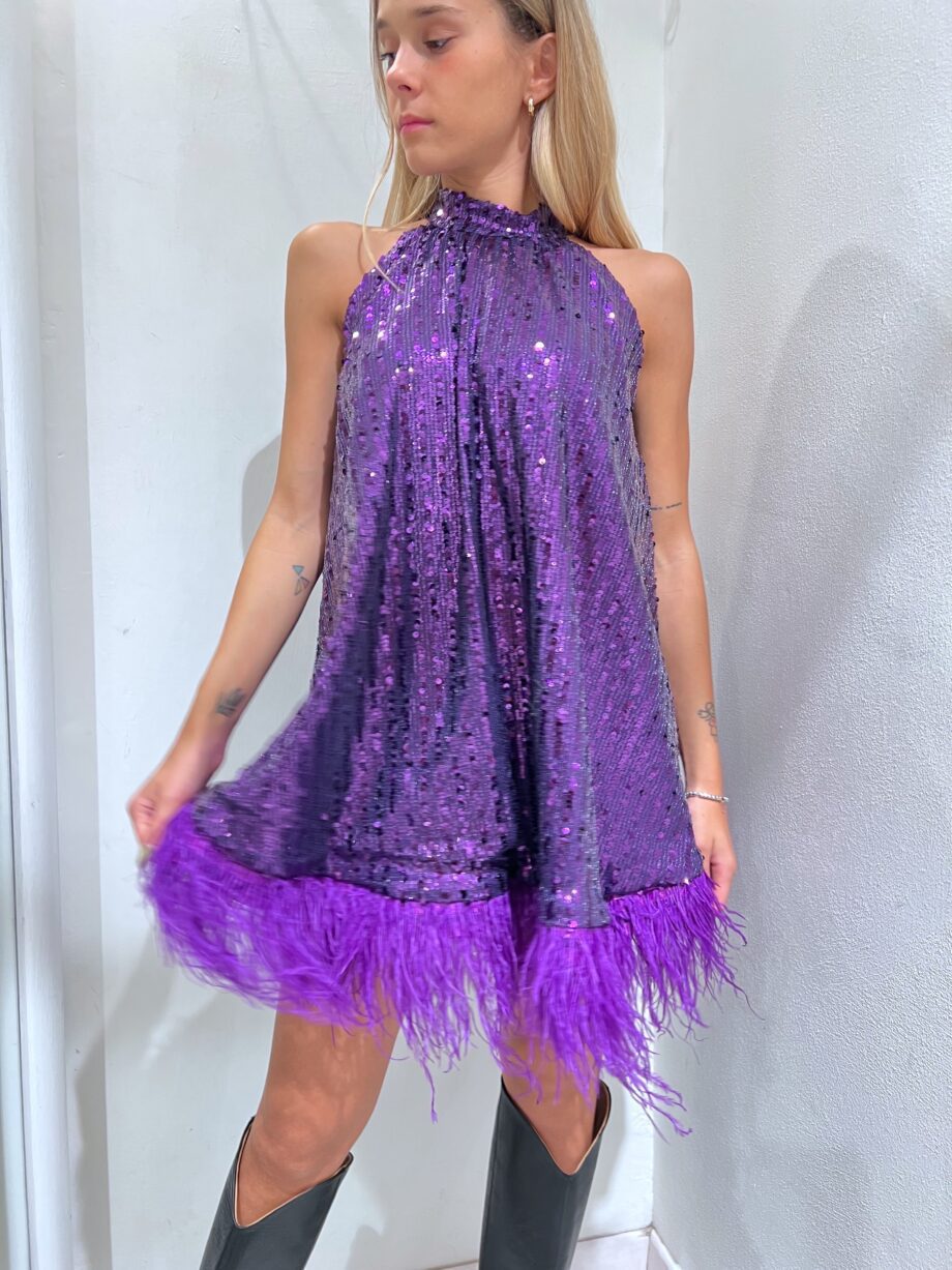 Shop Online Vestito corto viola con paillettes e piume The Lulù