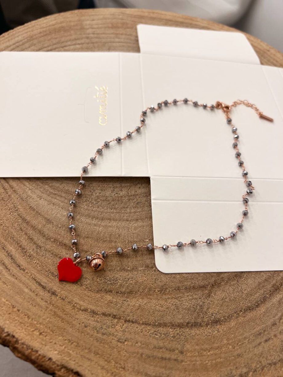 Shop Online Collana rosè pietre azzurre charm cuore e campanellino Amitiè