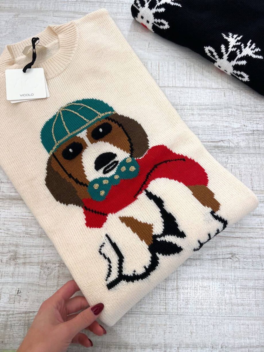 Shop Online Maglione girocollo panna con stampa cagnolino Vicolo