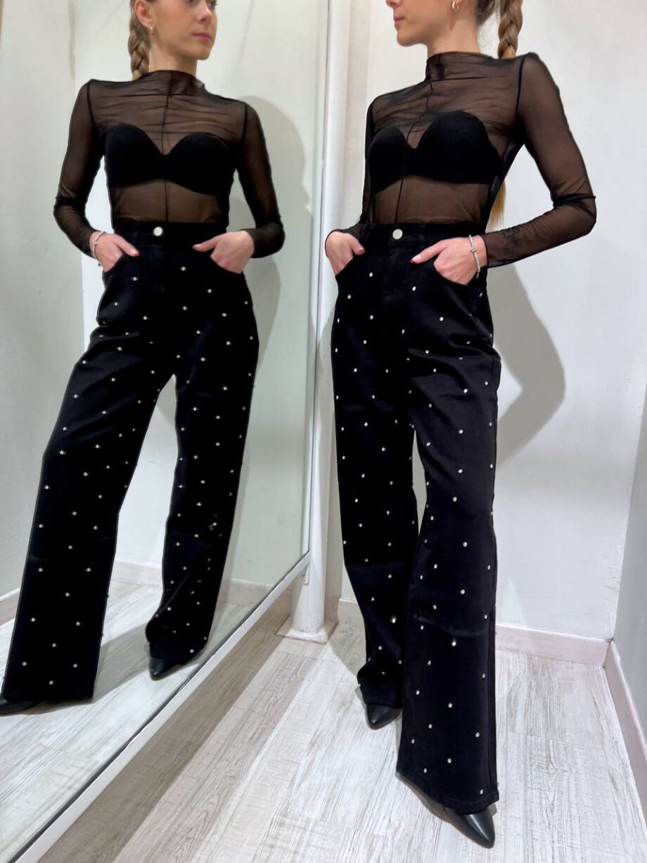 Shop Online Jeans palazzo nero con strass The Lulù