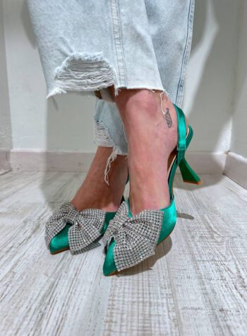 Shop Online Decolletè Ameena verde in raso con fiocco strass Twentyfourhaitch