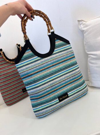 Shop Online Borsa Gloria stripe azzurra in rafia Gio Cellini